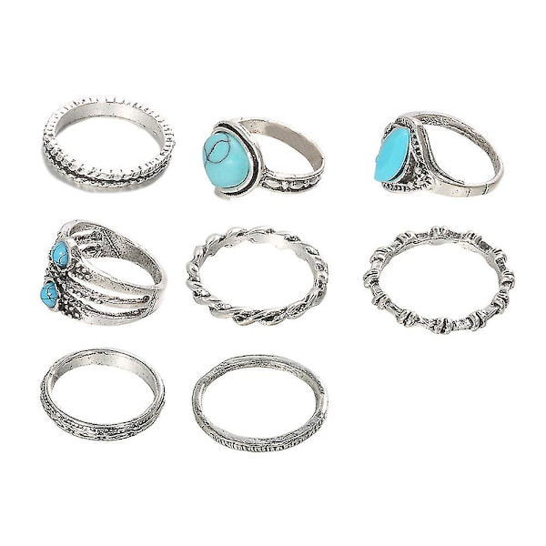 8st Kvinnor Retro Bohemian Faux Turkos Inläggningar Circle Finger Rings Smycken Present