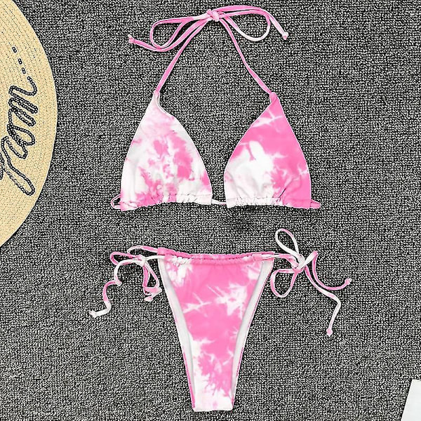kvinnor Bandage Tie Dye Grimma Bikini Set Vadderade badkläder brasiliansk baddräkt Pink M