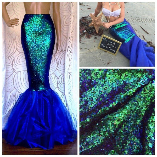 Havfrue fiskehale kostyme glitter skjørt cosplay halloween rekvisitter Blue M