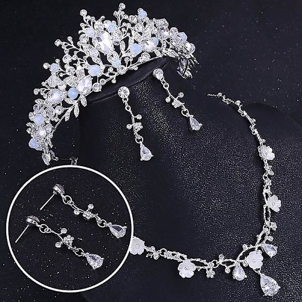 Bryllup Crown Flower Rhinestone Crystal halskæde og øreringe smykker sæt til brude 1