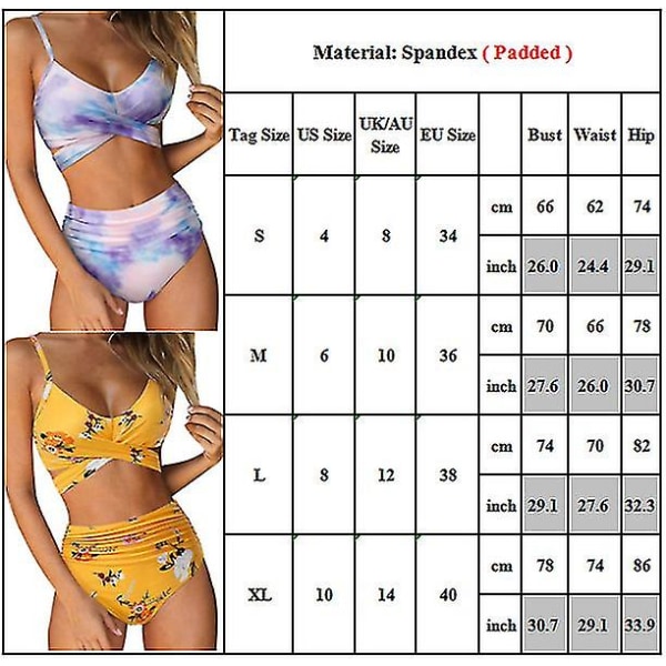 Kvinnor Tie Dye Push Up Vadderad Bikini Set Hög midja Baddräkt Purple L