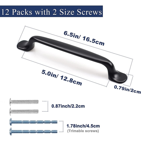 12 st Svart kökshandtag, skåpdrag, skåpdrag, låddrag med 2 storleksskruvar, perfekt för sovrumsmöbler Vardagsrumsskåp (128mm)