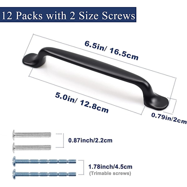 12 stk svart kjøkkenhåndtak, skaptrekk, skaptrekk, skufftrekk med 2 størrelsesskruer, perfekt for soverom Stuemøbelskap (128mm)