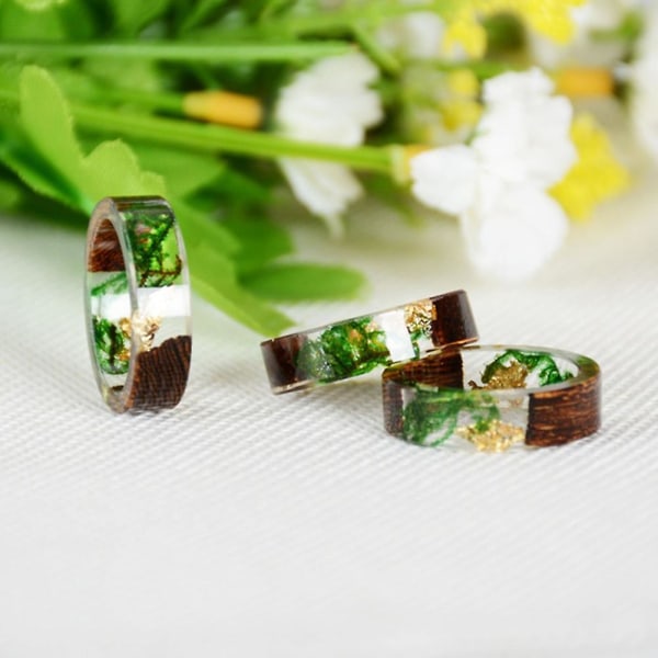 Kreativa kvinnor trä torkad blomma Transparent finger ring smycken födelsedagspresent Green 2.1cm