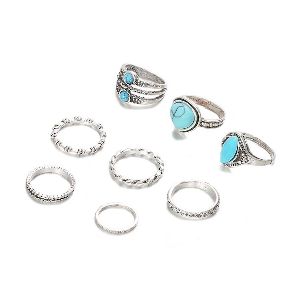 8 stk Kvinder Retro Bohemian Faux Turkis Indlagt Circle Finger Ringe Smykker Gave