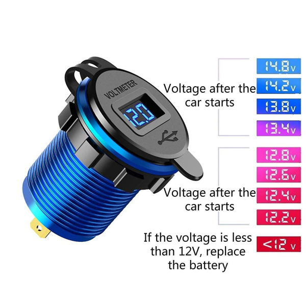 Kaksi USB porttia autolaturijakaja Pikalataus Qc 3.0:lle Led volttimittarilla 12v Blue