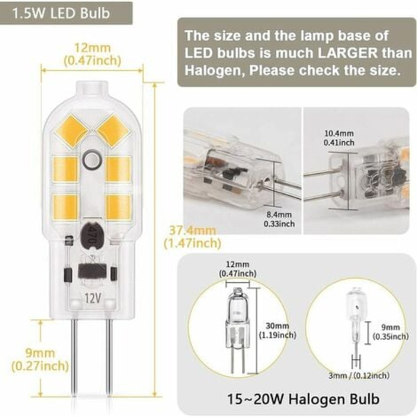 G4 LED 1,5W glödlampa, 180LM, AC/DC 12V belysningslampor motsvarande 20W halogen, varmvit 3000K, ej dimbar, repla