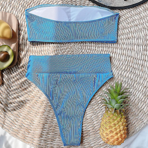 Dam Bandeau hög midja simdräkt Bikini Set Baddräkt Blue M