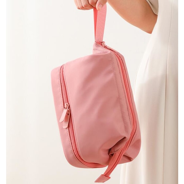 Enkel dobbeltlags kosmetiktaske med stor kapacitet bærbar vaskepose (lille pink)