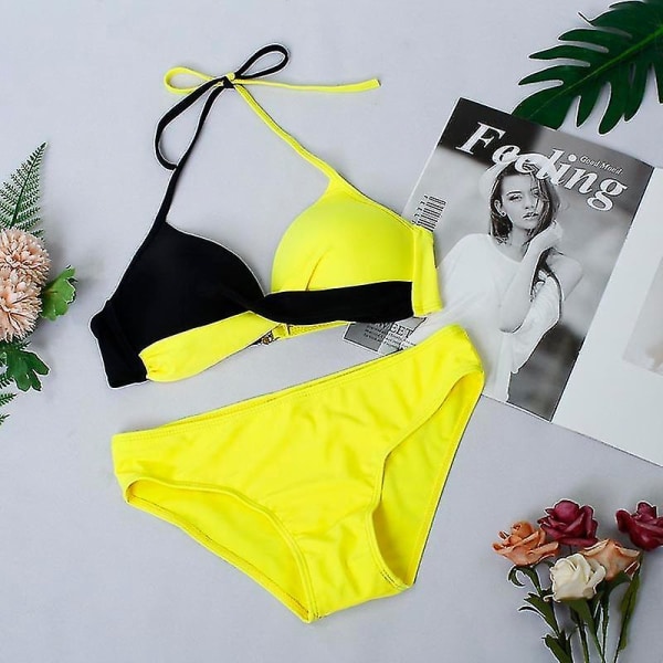 Naisten set, pehmustetut rintaliivit Push Up -uimapuku Black Yellow S