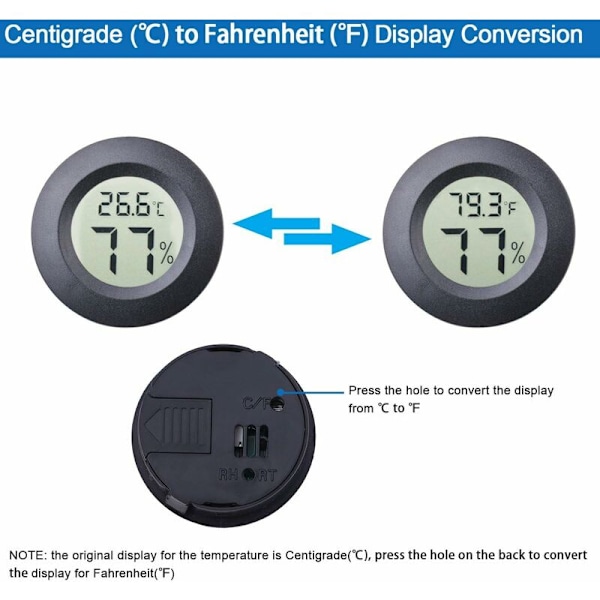 Indbygget rundt digitalt elektronisk termometer og hygrometer (sort),