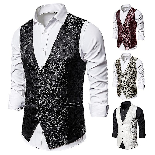 Enkelknäppt väst för män Slim Fit formell print väst L Black