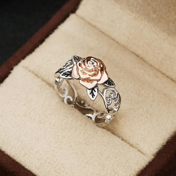 Elegant Two Tone Women Rose Flower Hollow Band Finger Ring Bröllop Smycken Gift US 10