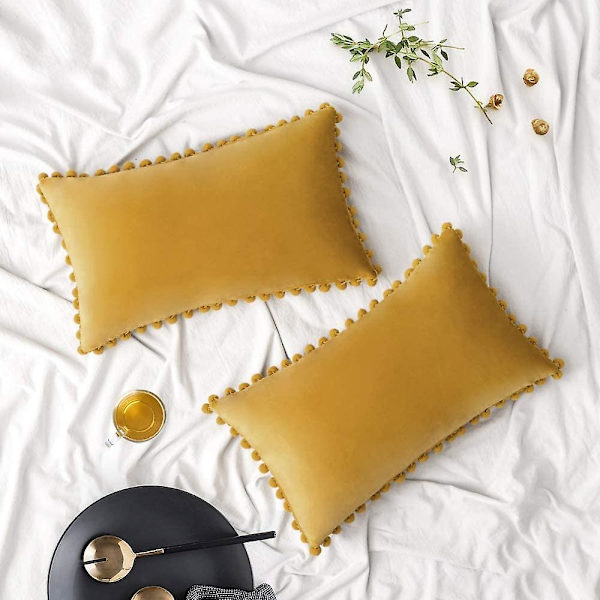 Paket med 2 Sammets-kuddfodral Pompom Dekorativa örngott Solida mjuka kuddfodral Med Poms Fyrkantig För Soffa Soffa Sovrum Bil 18x18tum Da 12 x20 Gold