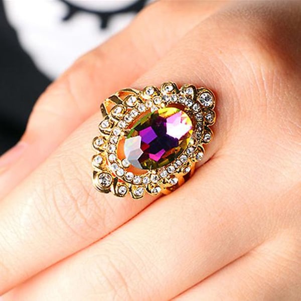 Kvinner regnbuefarge Big Ellipse Glass Rhinestone Hollow Party Ring Gavesmykker 18mm