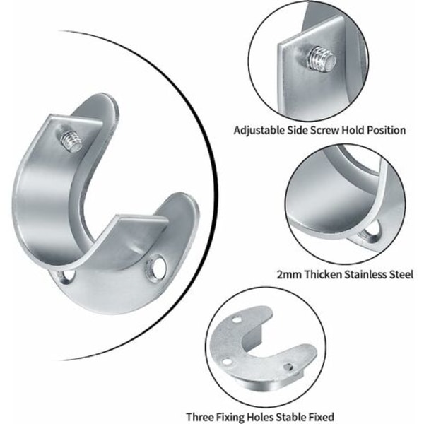 Pakker Gardinstangbrakett, rustfritt stål garderobestangholdere, garderobestang U-formet klemstangholder 52*45mm, indre