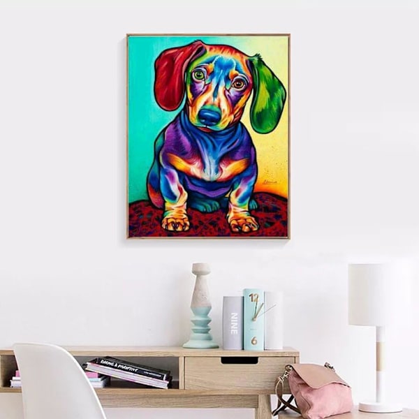 Gjør-det-selv 5D-diamantmalesett Rundt bor Krystall Rhinestone Bilder Håndverk For Hjem Veggdekor Gave Dachshund Pølse Hund 12x16inch,