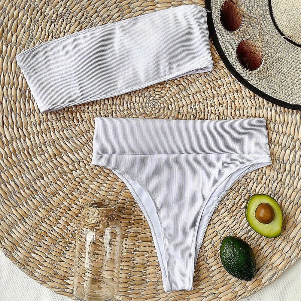 Dam Bandeau hög midja simdräkt Bikini Set Baddräkt White S