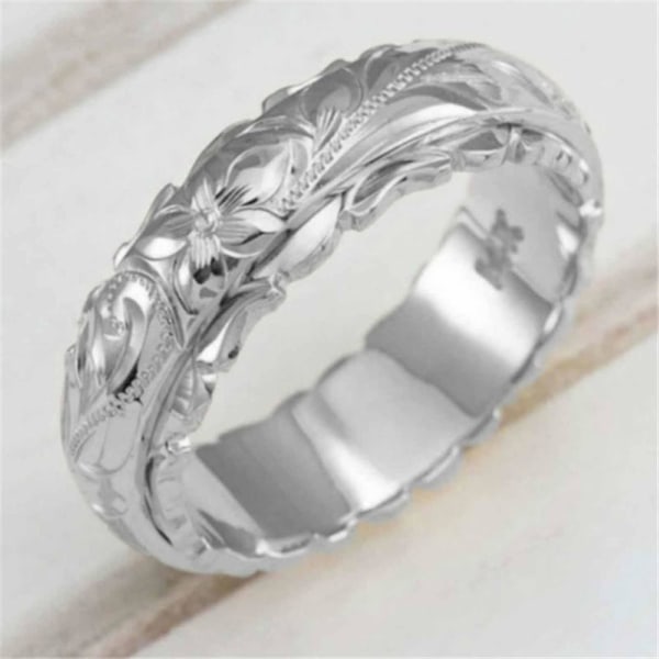 Bryllupsband håndskåret vintage legering kvinner Rose Flower Ring Engasjement Platinum US 8