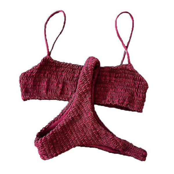 Dame Sommer Crinkle Bikini Sett Vanlig badetøy Badedrakt Red L