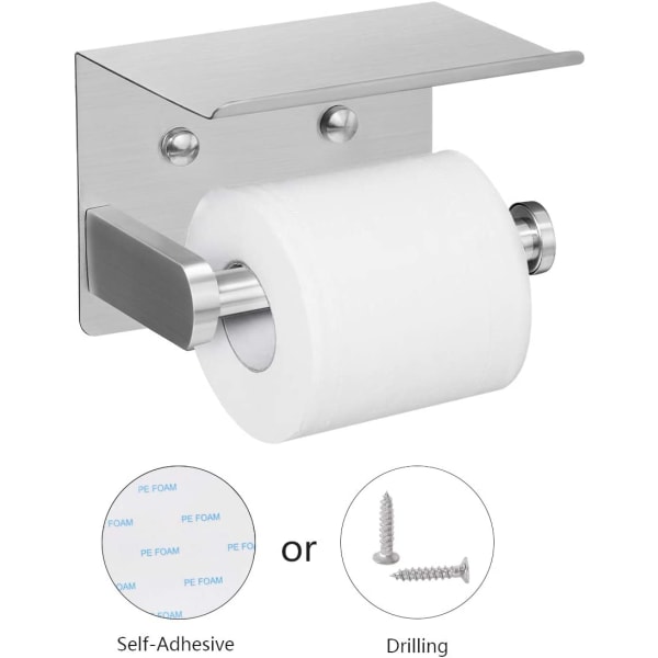 Självhäftande toalettpappershållare med mobiltelefonhållare Väggmonterad toalettpappershållare SUS304 Rostfritt stål Silve