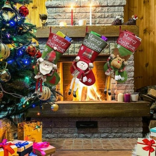 Julstrumpa, 3-pack Large Storlek 23,6" strumpor, jultomte/snögubbe/ren julkaraktär öppen spisdekoration