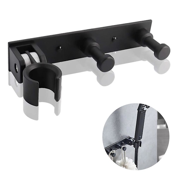 Duschhuvudhållare Väggfäste med 2 hängkrokar Handhållet duschfäste Behövs ingen borrmaskin Black Style 2