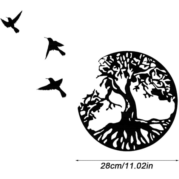 Livets träd metallväggkonst med fåglar svart dekoration - 28CM/11.02in Livets träd väggdekor Modern metallväggkonstskylt​Fami