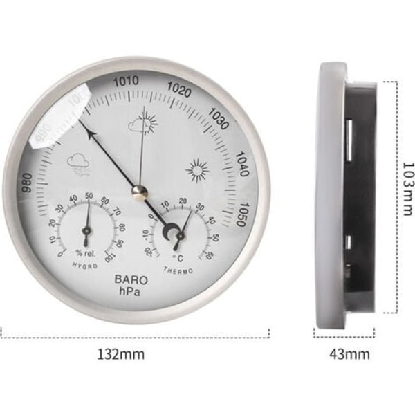 Analog väderstation 3 i 1 rostfritt stål Ø132 mm - Barometer, termometer, hygrometer, silver