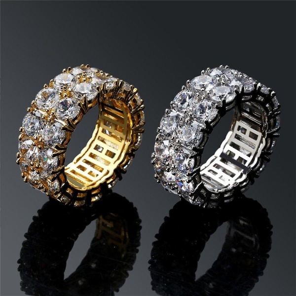 Hip Hop 2 Rad Cz Solitaire Ring Guld Silver Färg Iced Out Charm Rund Ring Mode Punk Smycken Presenter För Män Kvinnor Gold