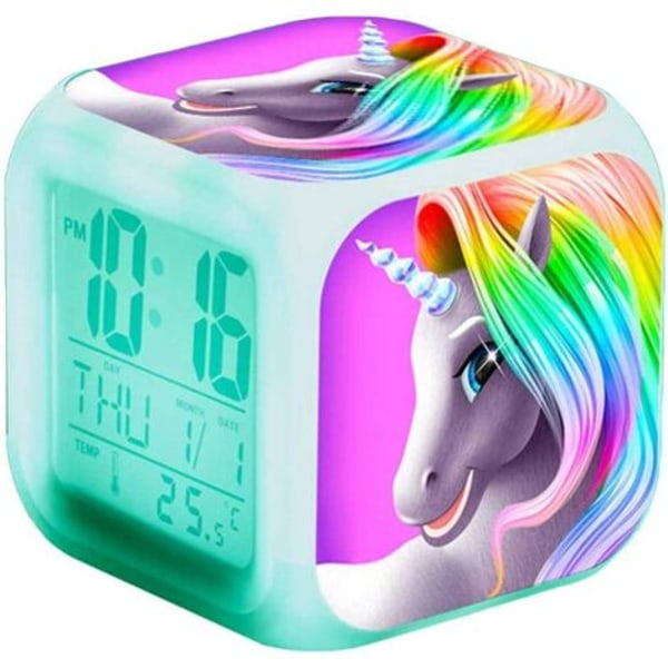 Unicorn digitale vekkerklokker for jenter, lysende natt-LED med temperatur/snooze/2 alarm/12/24 timer/USB-ladeport