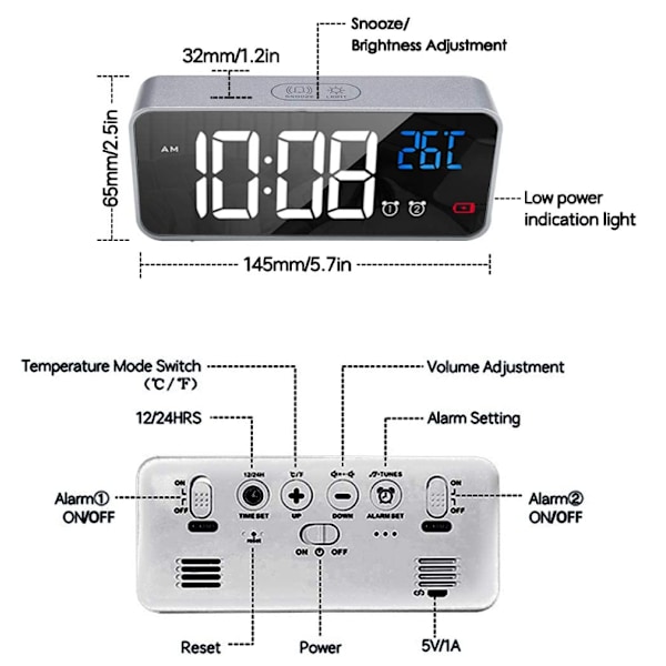 LATEC digital väckarklocka, LED-väckarklocka med snooze-funktion, USB portar för laddning (silver)