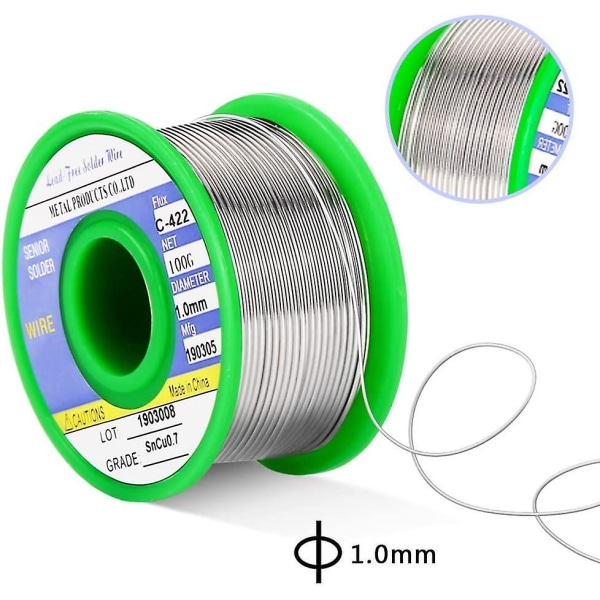 Loddetråd, 1,0 mm loddetråd for lodding, Sn 99,3 % Cu 0,7 % blyfri loddetråd med kolofoniumkjerne, for elektrisk lodding (100 g)
