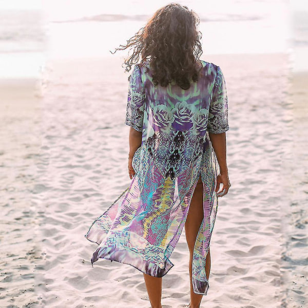 Kvinder Cardigan Beachwear Printet Suncreen Bikini Cover Up