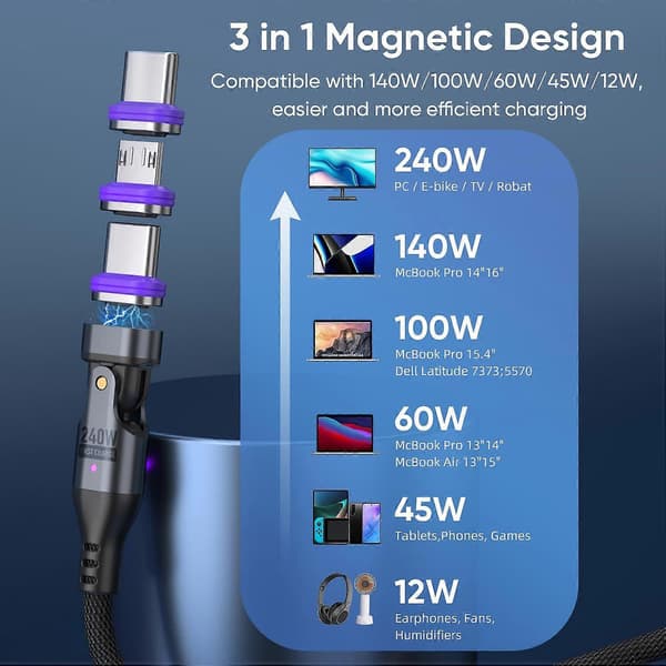 240W magnetisk ladekabel 180 roterende USB-C til USB-C magnetisk datakabel
