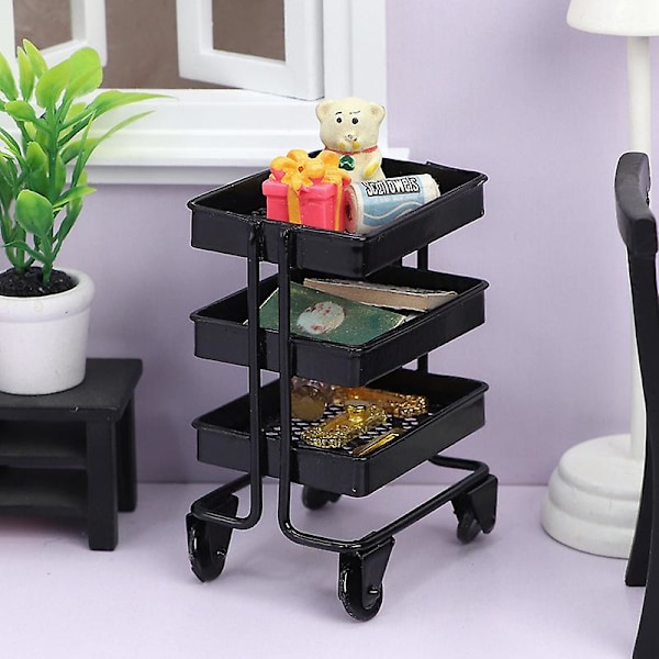 2 kpl, musta, miniatyyri nukkekodin liikkuva kärry
