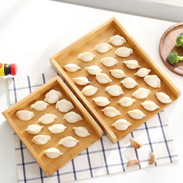 Bambu rektangulär dumplingförvaringsbricka multifunktionsplattställ samlingsarrangemang tallrikar köksförvaring gul M