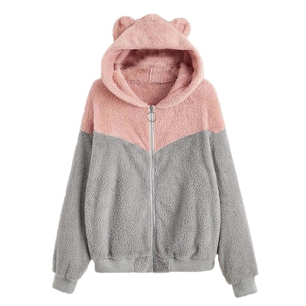 Vinterplysch hoodie med dragkedja för damer med söta björnhörselkåpor Pink 2XL