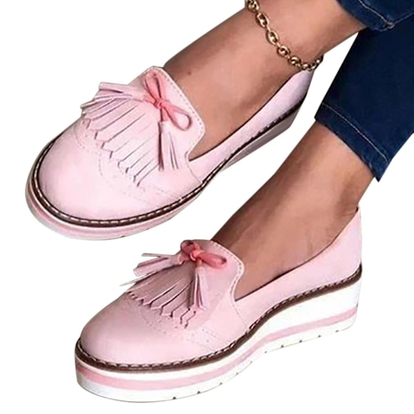 Naisten tupsut Slip On Flat Pumps Platform Loafers Kengät Pink 39