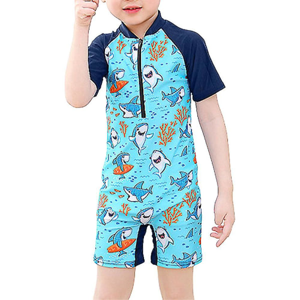 Kids Summer Beach Cartoon Print Zip One Piece Baddräkt Shark Print 5-6 Years