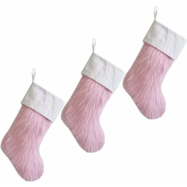 3 STK Rosa nydelig julestrømpe Koselig fuskepels julestrømpe 20" Dekor Hengende Ornament Peis Xmas Tree Holiday P