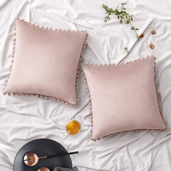 Paket med 2 Sammets-kuddfodral Pompom Dekorativa örngott Solida mjuka kuddfodral Med Poms Fyrkantig För Soffa Soffa Sovrum Bil 18x18tum Da 22 x22 Pink