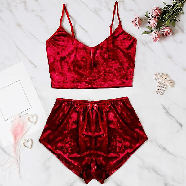 kvinder Undertøj Sexet Lingeri Pyjamas Sæt Velvet Cami Crop Wine Red M