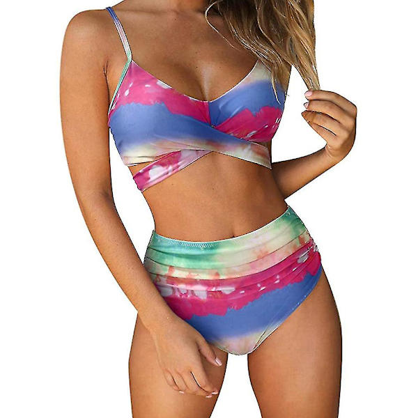 Kvinnor Tie Dye Push Up Vadderad Bikini Set Hög midja Baddräkt Multicoloured XL