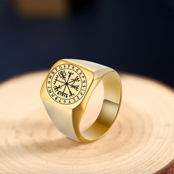 Menn Ring Rune Carving Titanium Stål Punk Square Finger Ring Bursdagsgave Golden US 10