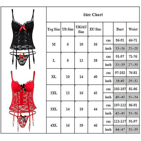 Kvinnor Sexiga Underkläder Spets Korsett BH String Set Underkläder Black 3XL