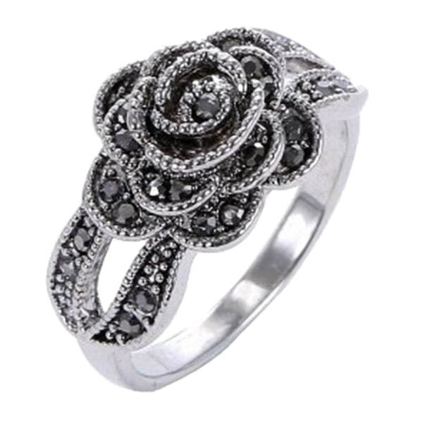 Forlovelse Bryllup Kvinder Vintage Rose Flower Shiny Rhinestone Indlagt Finger Ring US 9