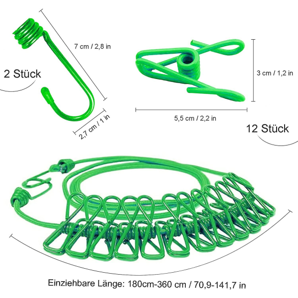 Campingtøysnorer, 180 cm fleksible og bærbare reiseklessnorer med 12 vindtette spenneklemmer, grønn