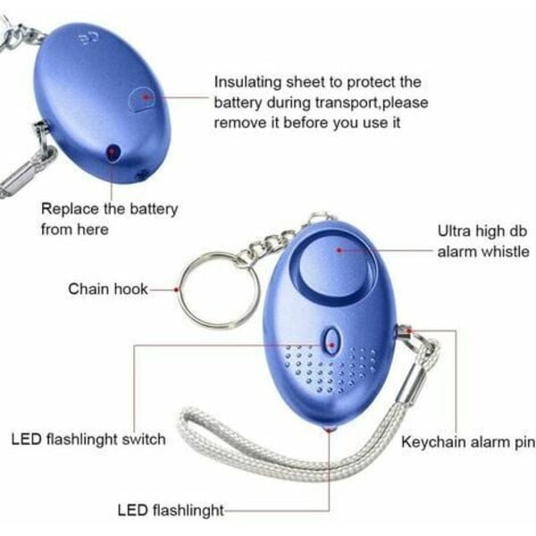 Personligt larm, 5 delar 140DB dörrnyckel Nödlarm med ficklampa Inbrottslarm med LED-ljus för kvinnor, barn, äldre