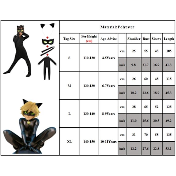 Cosplay Cat Noir børne-bodysuit Black Cat Halloween sæt L